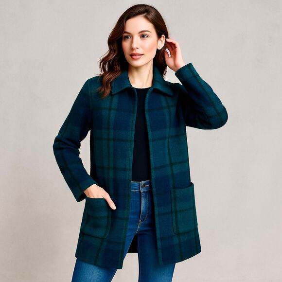 Tahari Size S Women's Open Front Cardigan Sweater Green Blue Tartan Plaid - Picture 1 of 9